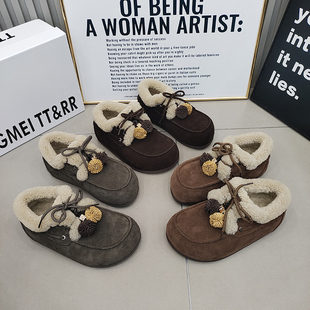 球球韩版 2025冬季 百搭 磨砂皮加绒毛毛口绑带芒果头勃肯鞋 TTRR正品