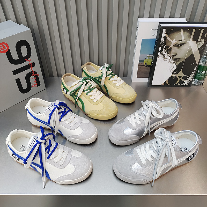 品牌德训鞋平底圆头拼接韩版绑带休闲鞋2026春款透气百搭慢跑女鞋