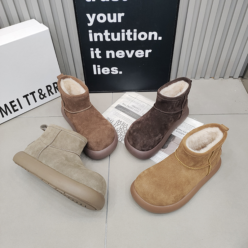 TTRR真皮雪地靴厚底拼接套脚女靴