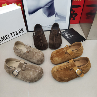 TTRR正品翻毛皮圆头勃肯鞋一字带卡扣拼接女鞋2026春款复古百搭款