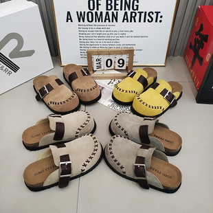 TTRR正品包头外穿女半托编织磨砂皮擦色一脚蹬卡扣休闲鞋托百搭款