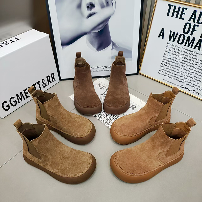 TTRR磨砂皮复古女短靴松紧厚底鞋