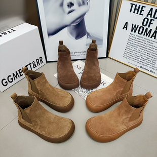 透气鞋 TTRR正品 磨砂皮复古切尔西短靴大头厚底松紧女短靴2025秋季