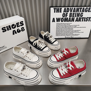 A68帆布鞋松糕底圆头低帮韩版女鞋2026春款绑带卡扣休闲增高学院