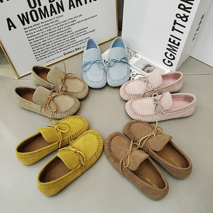 TTRR正品豆豆鞋平底圆头拼接绑带复古风休闲女鞋2026春款透气百搭