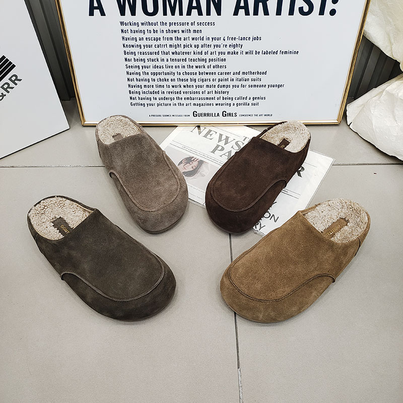 TTRR正品薄绒包头外穿厚底女鞋托羊毛垫一脚蹬韩版磨砂皮女鞋百搭