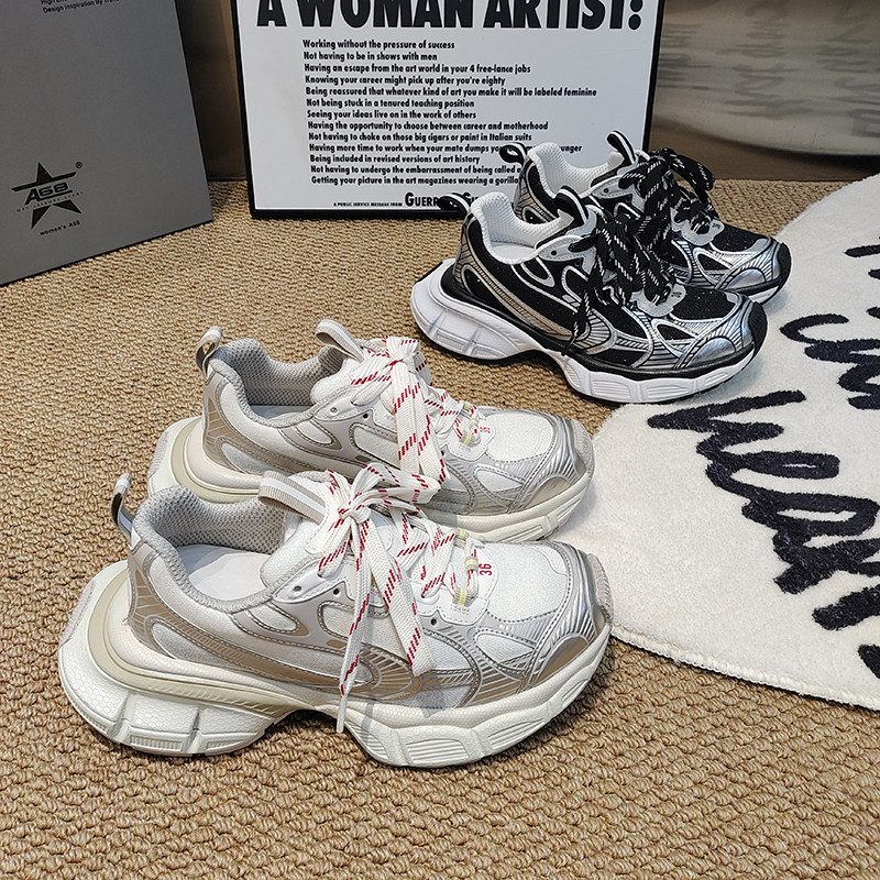 欧货松糕底擦色做旧老爹鞋圆头拼接透气韩版绑带女鞋2026春款百搭