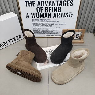 保暖平底三角标复古鞋 TTRR正品 磨砂皮雪地靴厚绒圆头女靴2025冬季