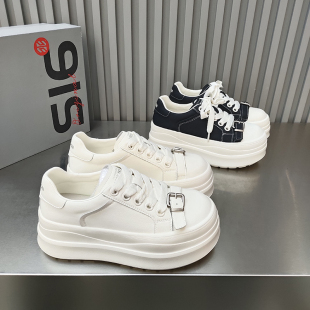 增高百搭款 品品松糕滑板鞋 2026春款 女鞋 圆头低帮皮卡带扣绑带韩版