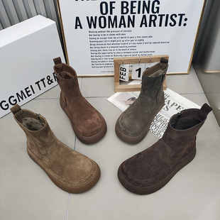 TTRR正品 2025秋冬保暖百搭 女短靴加绒侧拉链厚底磨砂皮复古风女鞋