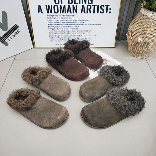 TTRR正品磨砂皮简约复古包头外穿女鞋托羊毛薄绒一脚蹬懒人女潮鞋