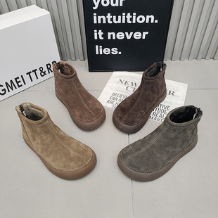 保暖百搭 2025冬季 TTRR正品 加绒厚底拉链大头女短靴磨砂皮复古女鞋