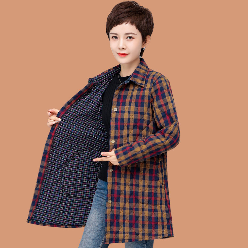 速发妈妈秋薄中长款格子外套中年妇大码棉中老冬秋年轻装棉衣