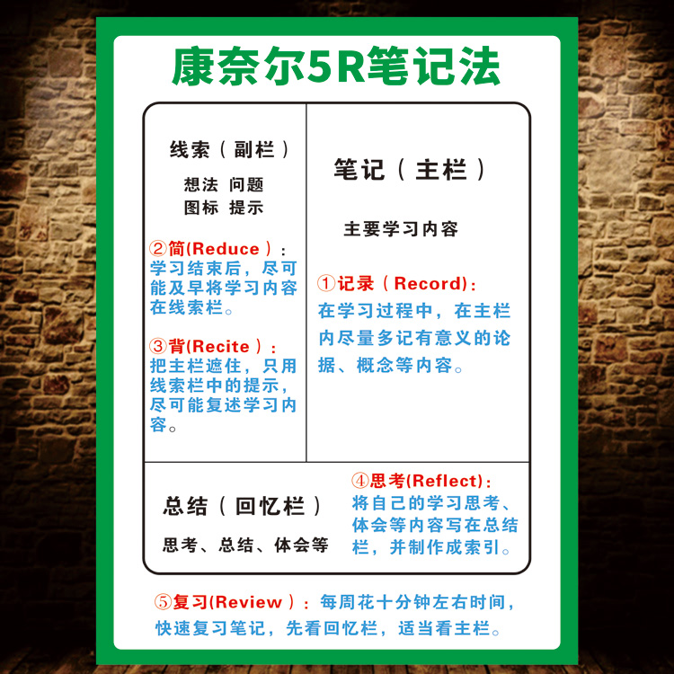 康奈尔5R笔记法中小学生良性循环学习方法墙贴画海报挂图