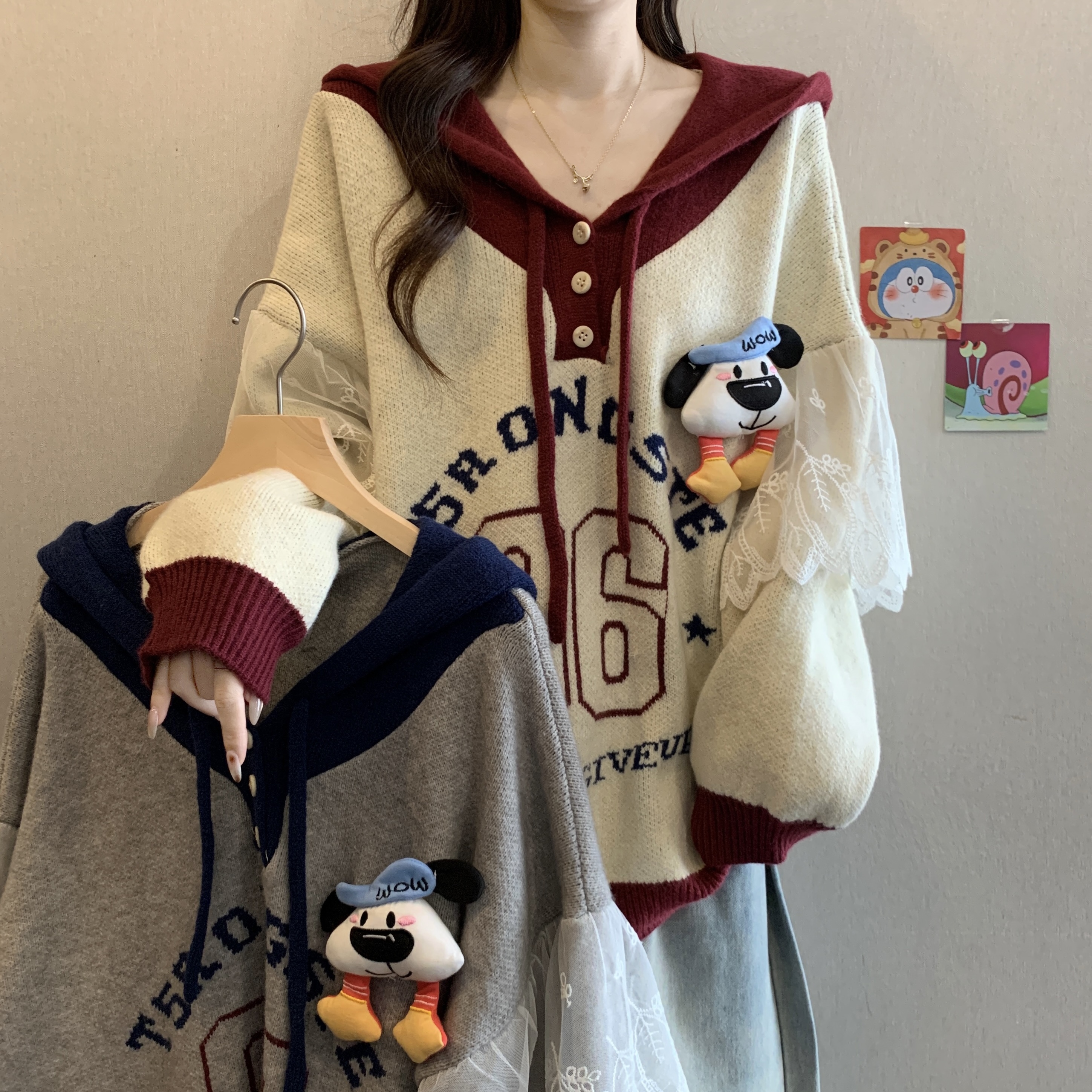 美拉德复古字母撞色蕾丝拼接连帽针织毛衣女冬胖MM慵懒风显瘦上衣