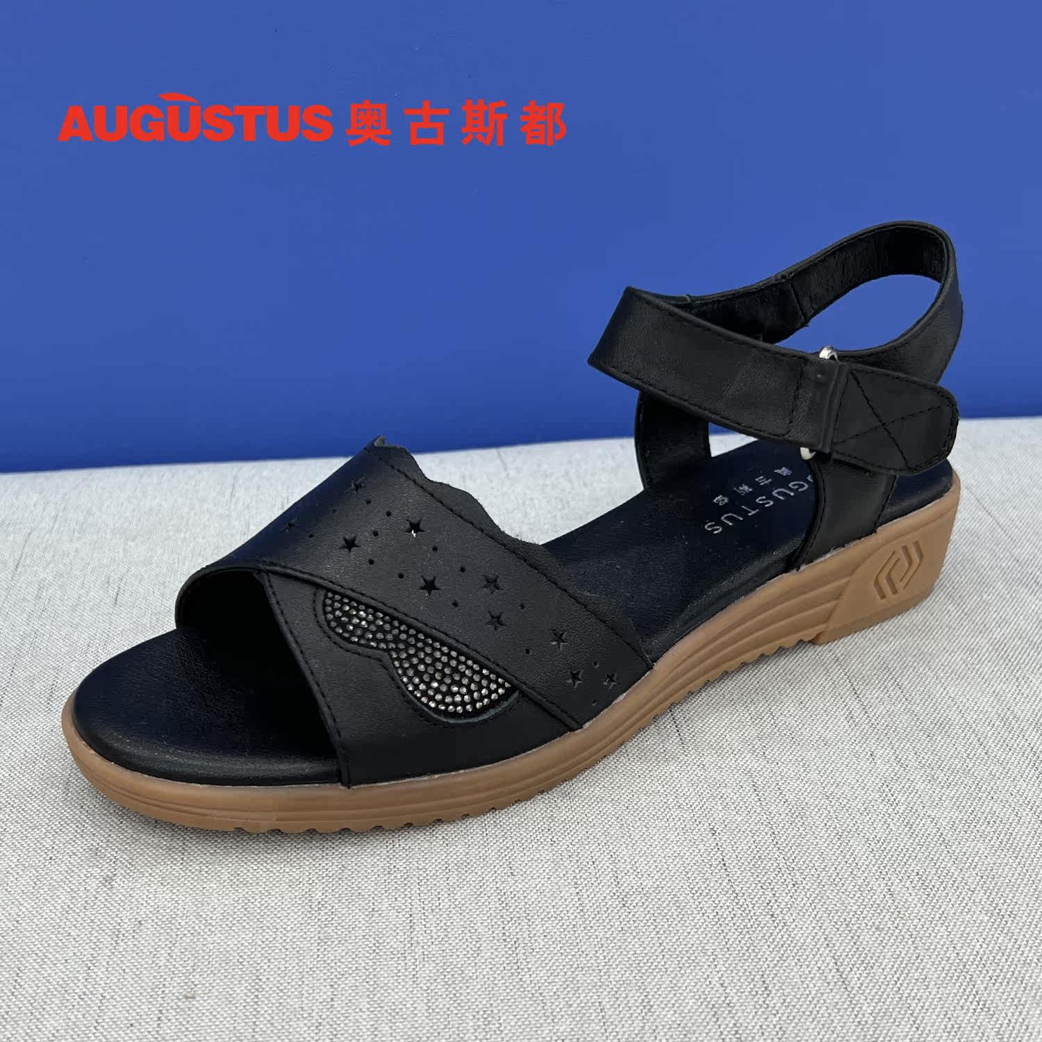 奥古斯都女鞋夏季新款妈妈凉鞋真皮软底舒适中老年老人鞋w153231