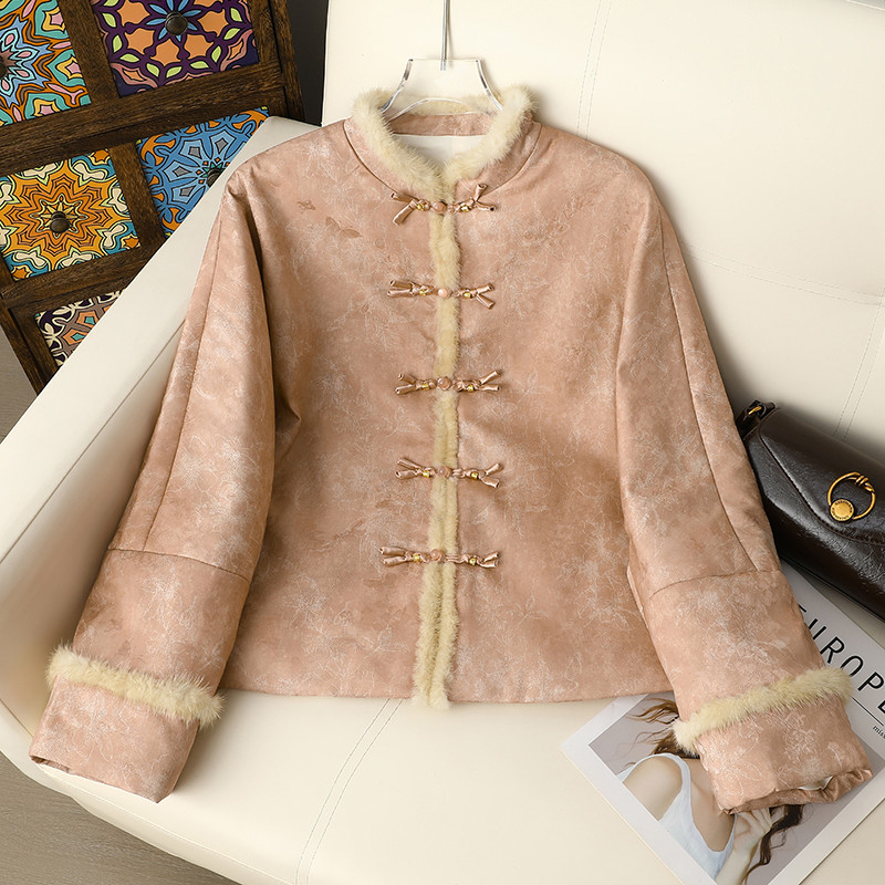 新中式妈妈冬装棉衣外套中老年人女装水貂绒棉服洋气国风缎面棉袄