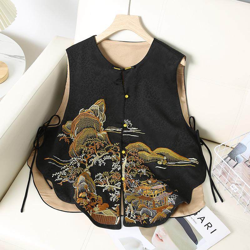 山水重工刺绣双面穿缎面国风马甲女2025新款新中式复古马夹坎肩潮,女装/女士精品,大码内搭,淘宝优惠券,粉丝福利购,淘宝优惠卷