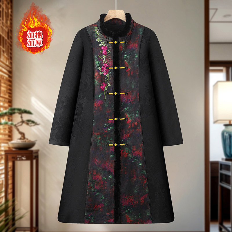 新中式国风复古外套显瘦洋气妈妈秋冬季长款棉服风衣加棉加厚棉衣