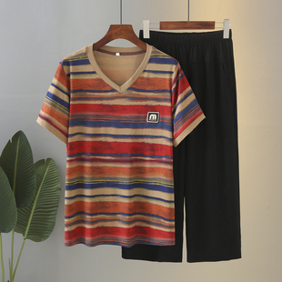 中老年女夏装套装妈妈V领条纹特大码短袖T恤两件套太太衣服奶奶