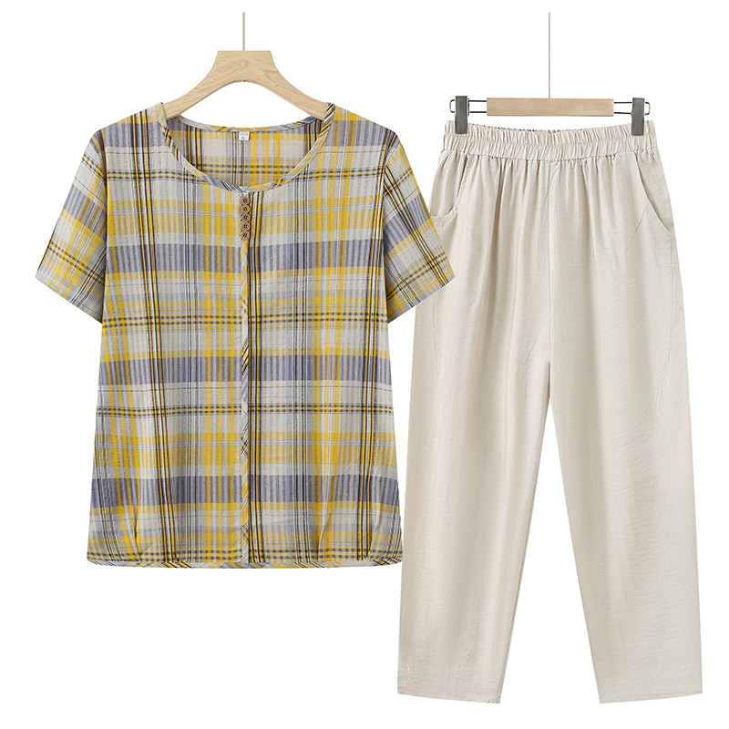 妈妈夏装套装中年短袖t恤中老年女装洋气质衬衫纯棉上衣服两件套