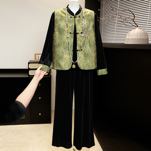 妈妈春装新中式三件套金丝绒国风马夹裤子中老年女春秋长袖外套装