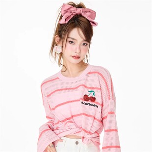 阿娇同款CLOUDSEASON樱桃针织衫女镂空粉色甜美打底内搭毛衣上衣