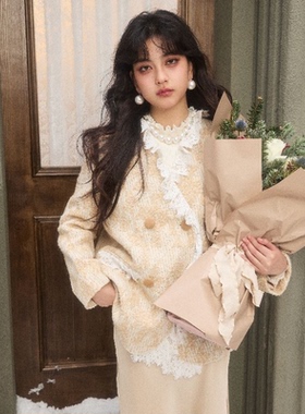 CLOUDSEASON粗花呢蕾丝边女外套2026新款外套设计感羊毛外套上衣