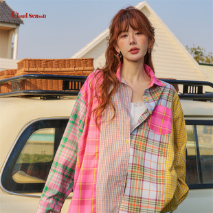 CLOUDSEASON拼接格子衬衫 女 女2026年春高级感洋气设计感小众衬衫