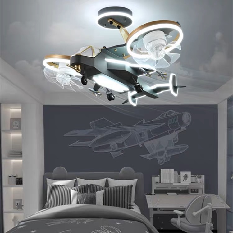 全光谱北欧静音直升飞机儿童小孩房间卡通灯卧室灯餐厅风扇灯一体
