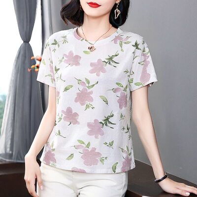 清仓捡漏夏季印花短袖时尚T恤女宽松百搭设计感妈妈装中老年上衣
