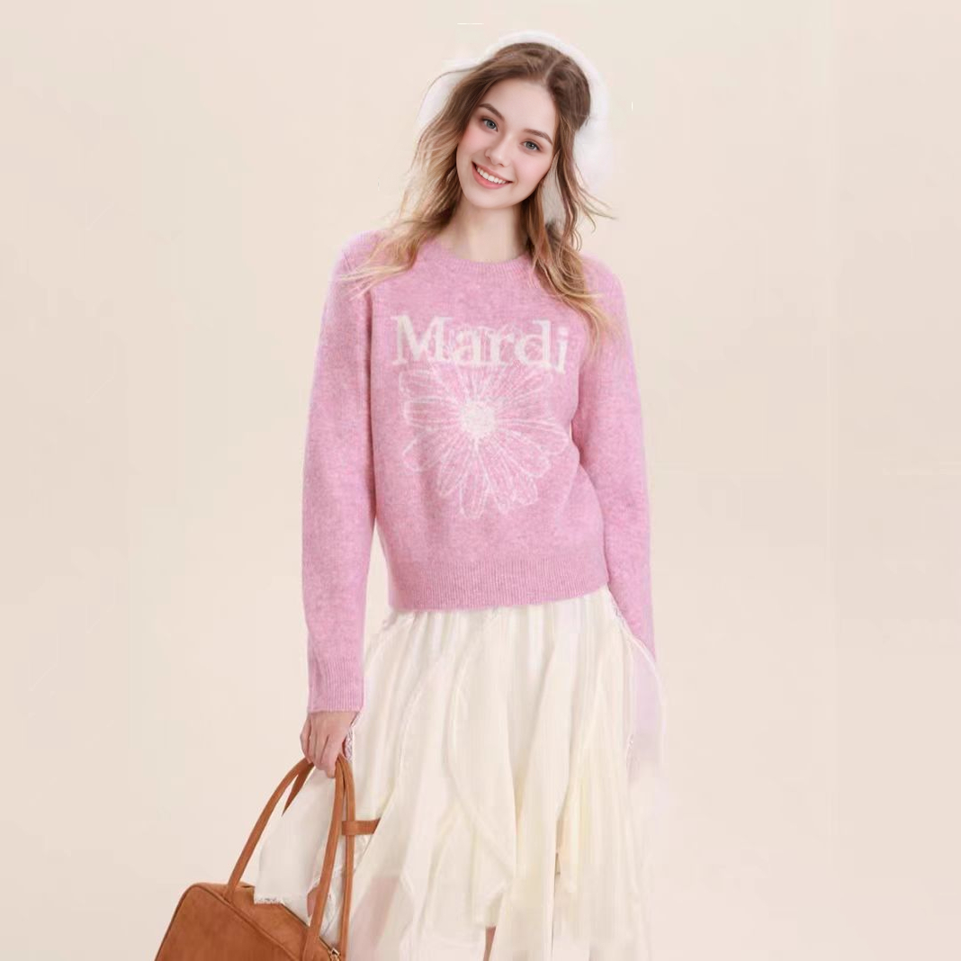 Mardi韩系25秋冬新款圆领套头毛衣纯色提花雏菊休闲宽松针织上衣