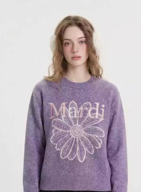 Mardi韩系25秋冬新款圆领套头毛衣纯色提花雏菊休闲宽松针织上衣