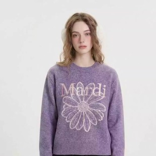 Mardi韩系25秋冬新款圆领套头毛衣纯色提花雏菊休闲宽松针织上衣