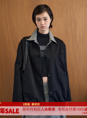 DOSORDONTS黑色千鸟格宽肩翻领双面穿2025年秋冬新款通勤廓形外套