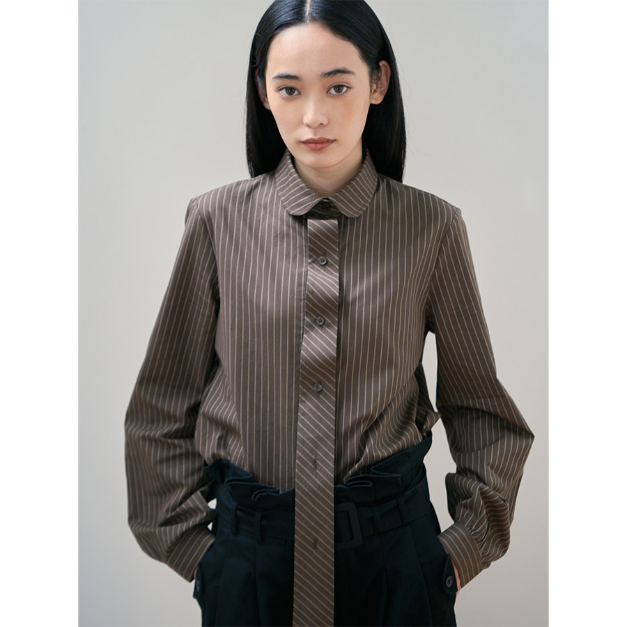 DOSORDONTS2025年秋冬新款简约复古咖色条纹褶皱领带通勤修身衬衫,女装/女士精品,衬衫,淘宝优惠券,粉丝福利购,淘宝优惠卷