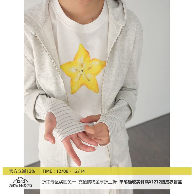 DOSORDONTS 2025秋季新款简约设计杨桃手绘康丽机数码印花短袖T恤