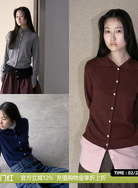 DOSORDONTS2025年秋冬新款撞色高翻叠领层次拼接绵羊毛针织开衫女