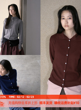 DOSORDONTS2025年秋冬新款撞色高翻叠领层次拼接绵羊毛针织开衫女