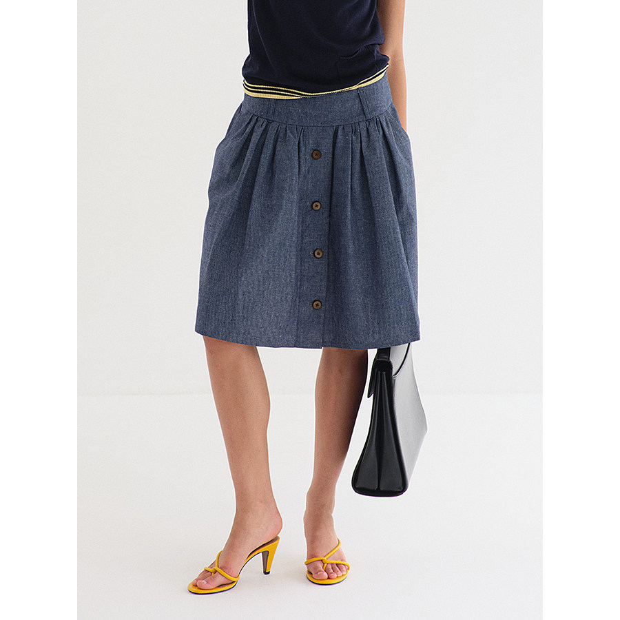 DOSORDONTS 2025夏季新款蓝色亚麻棉肌理碎褶纽扣半裙复古伞裙女,女装/女士精品,半身裙,淘宝优惠券,粉丝福利购,淘宝优惠卷