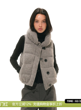 DOSORDONTS 2025秋冬新款气质花瓣领表层羊毛白鸭绒马甲女外套