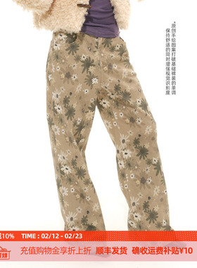DOSORDONTS 2025秋冬新款 卡其色手绘花卉印花褪色怀旧直筒牛仔裤