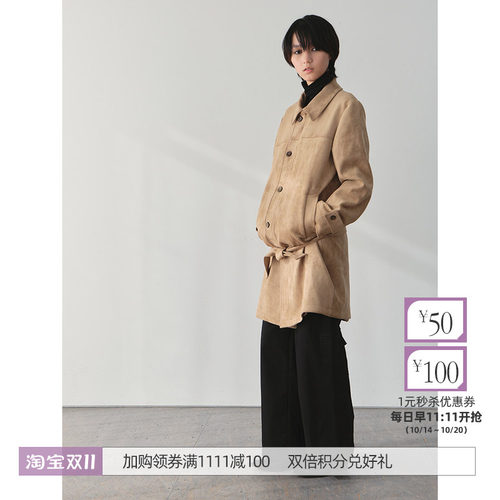 复古廓形麂皮绒中长款外套