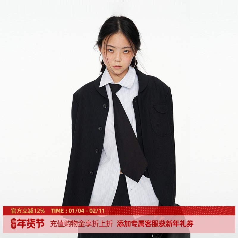 DOSORDONTS 小青果领夹层扣黑蓝条纹羊毛西服西装外套2025秋冬女