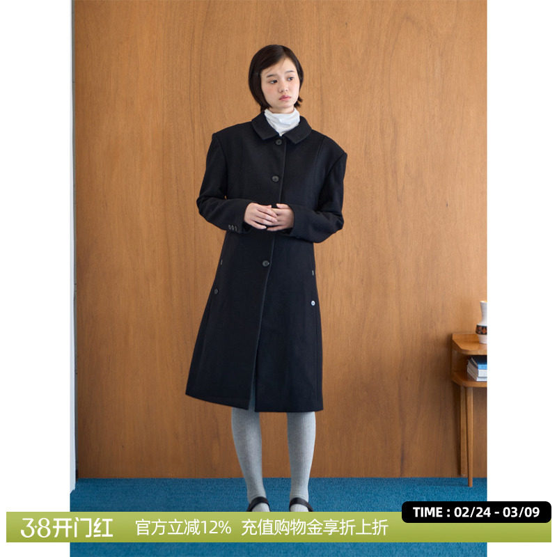 DOSORDONTS黑色收腰阔摆多口袋大衣2025年秋冬新款中长款西装外套