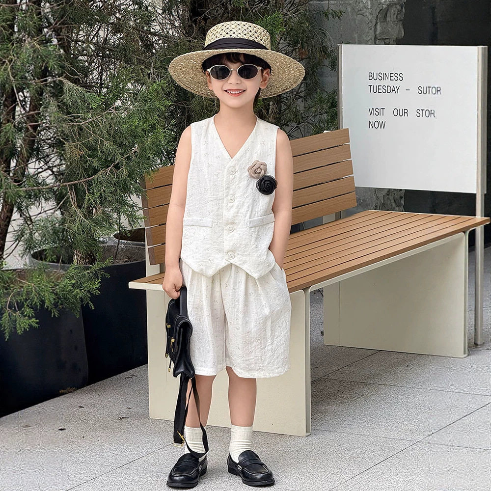 男童马甲套装夏季新款痞帅儿童港风休闲洋气白色背心走秀演出服潮