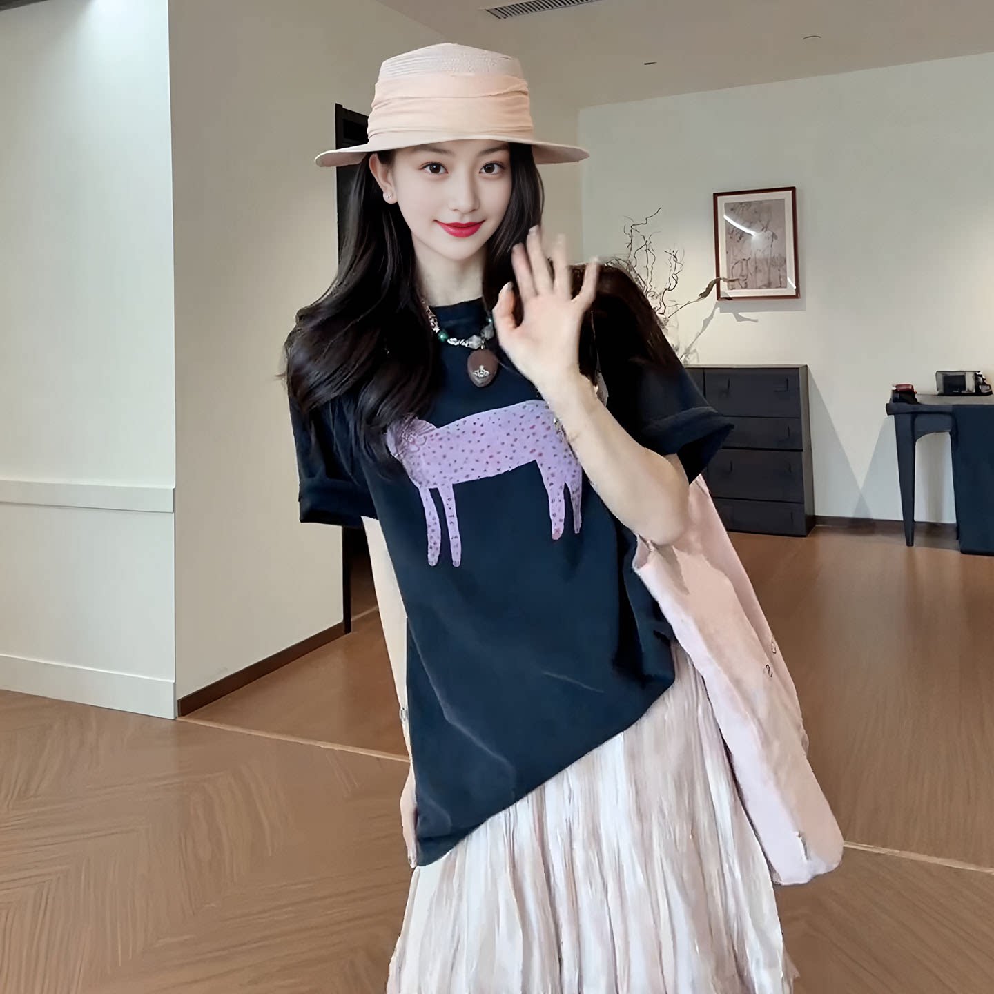 大码韩系图案印花圆领短袖t恤半身裙女夏季胖mm宽松显瘦超好看女