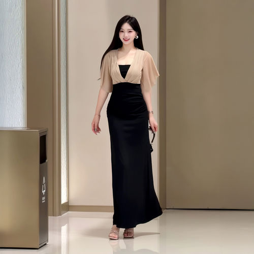 大码胖妹妹气质连衣裙女夏季新款设计感假两件拼接修身显瘦长裙子