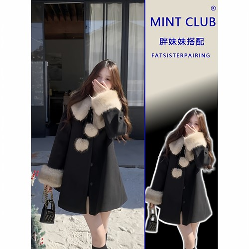 法式气质毛毛领黑色收腰毛呢外套