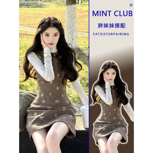 大码胖mm韩系小香风针织衫连衣裙套装女装春季长袖上衣短裙两件套,女装/女士精品,时尚套装,淘宝优惠券,粉丝福利购,淘宝优惠卷